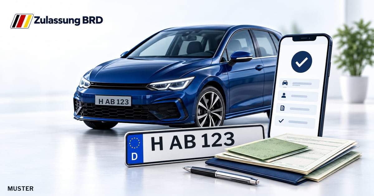 Online Fahrzeugzulassung in Uetze: Musterkennzeichen H AB 123, Auto und Fahrzeugpapiere und Smartphone. Illustration mit Logo von Zulassung BRD.